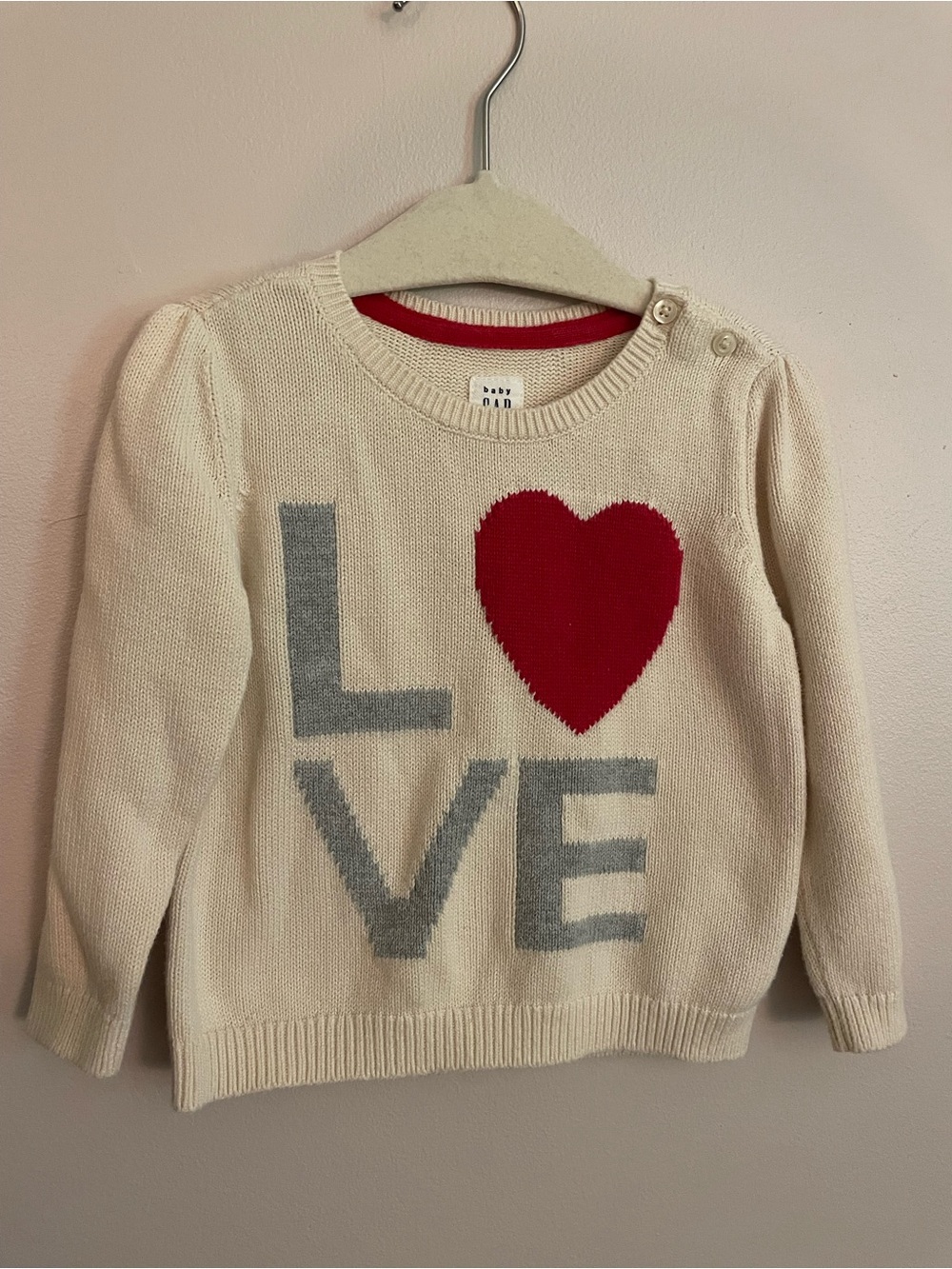 GAP Cream 100% Cotton "LOVE" Sweater with Red Heart and Puff Shoulders